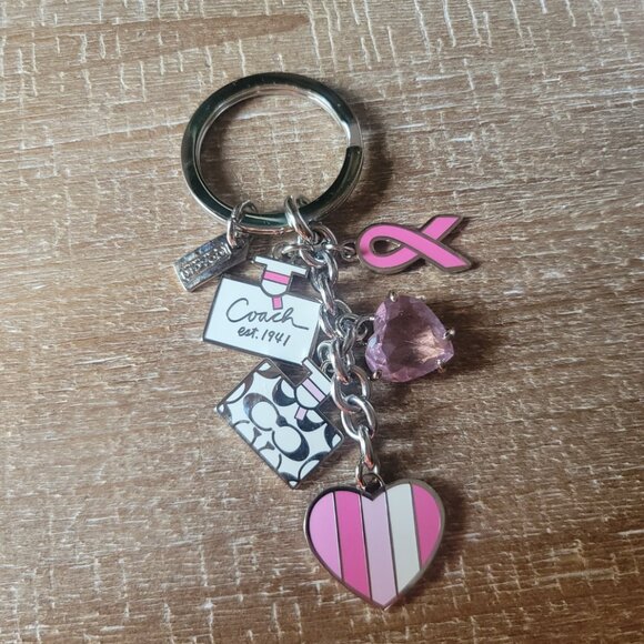 COACH Keychain Pink Cancer Ribbon, Pink Swarovski Heart, and Nurses Cure Bottle - Picture 1 of 4